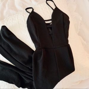Black v-neck Jumpsuit / Pantsuit Sexy Semi Formal